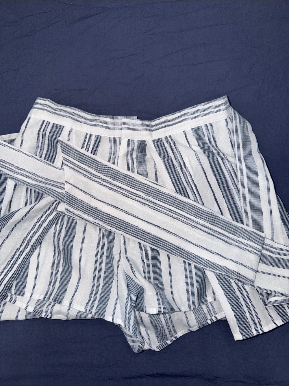 Striped High-Rise Tie-Waist Women’s Shorts - White & Navy